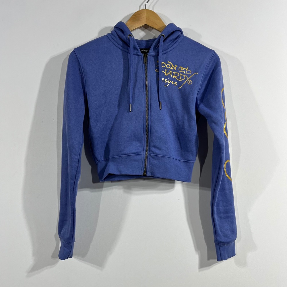 Ed Hardy Y2K Cropped Zip Up Hoodie‎ Tiger Graphic Womens Small Streetwear Skater
